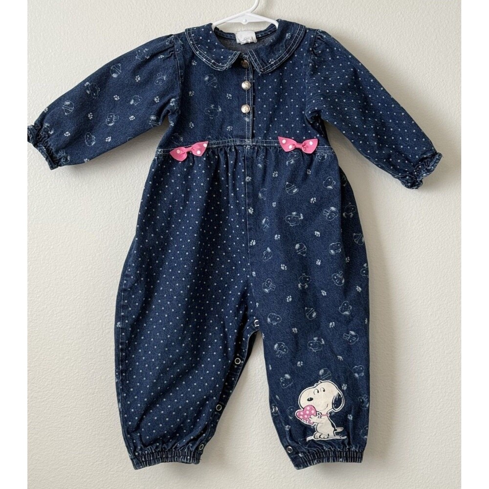 Vintage Baby Girl Snoopy Denim Jean Jumpsuit Romper 18 Months